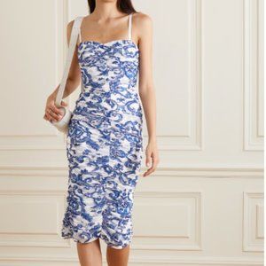 L'AGENCE RUCHED MESH PRINTED CAPRICE MIDI FLORAL BLUE DRESS sz 4